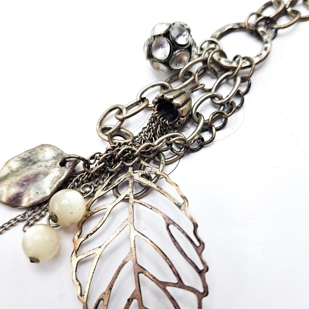 VTG Leaf Charm Y Necklace 28" Silver Tone Rhinestone Accent Fashion 80s Jewelry - Picture 6 of 6